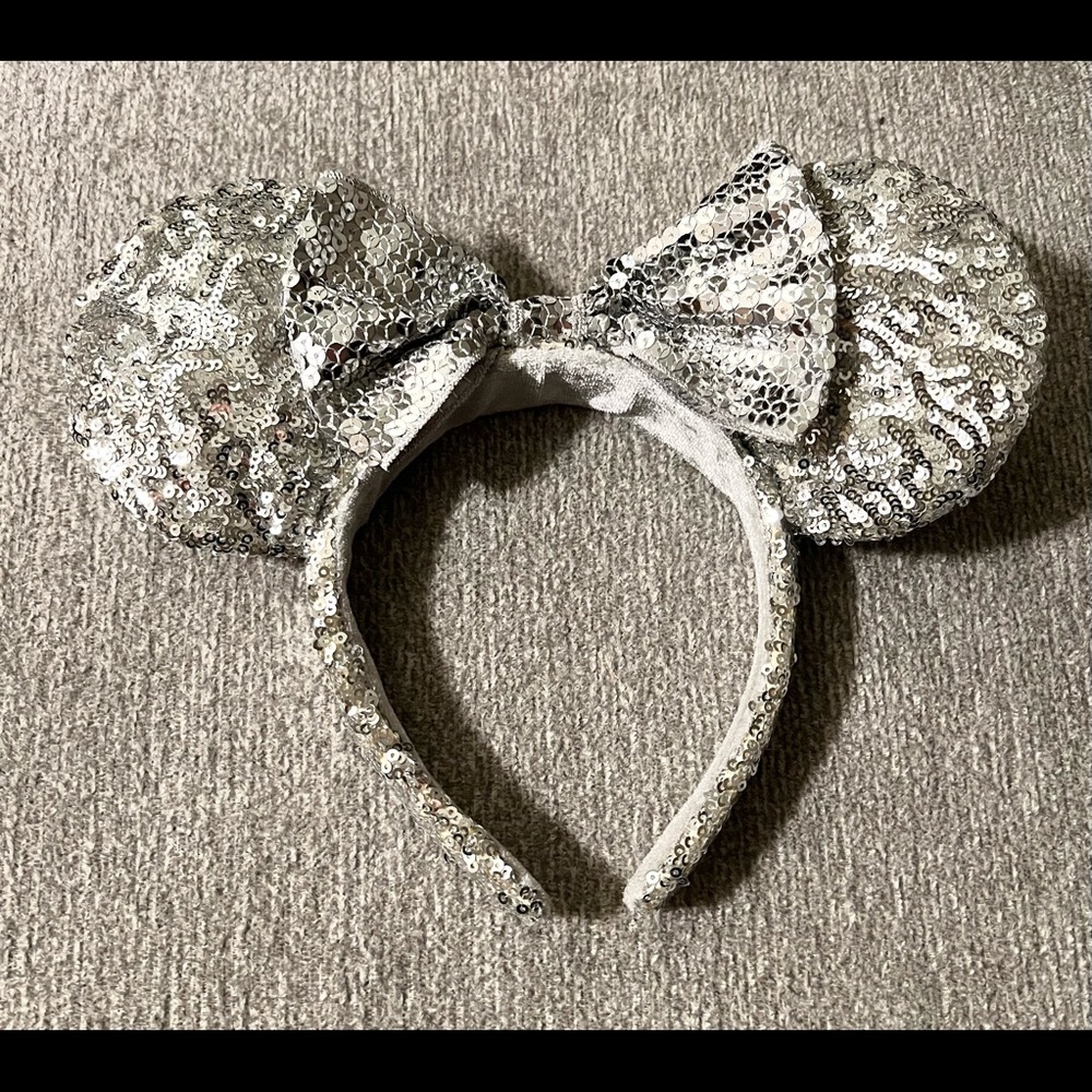 Disney Parks Silver Sequins Minnie Ears Headband with Bow